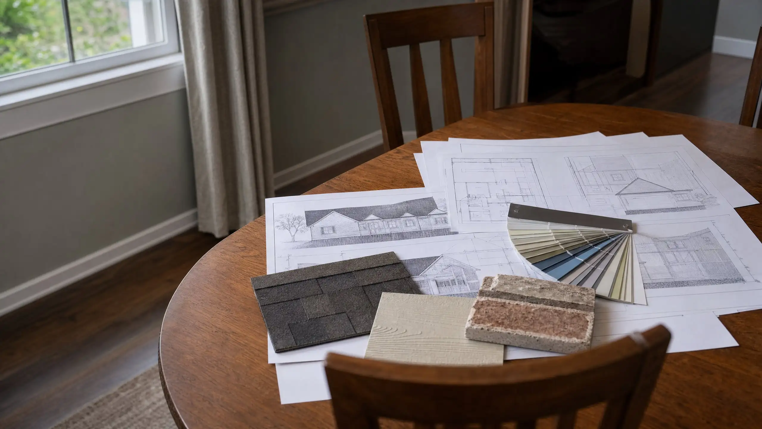 Addition plans laid out with brick, siding, shingle and paint samples on a dining table