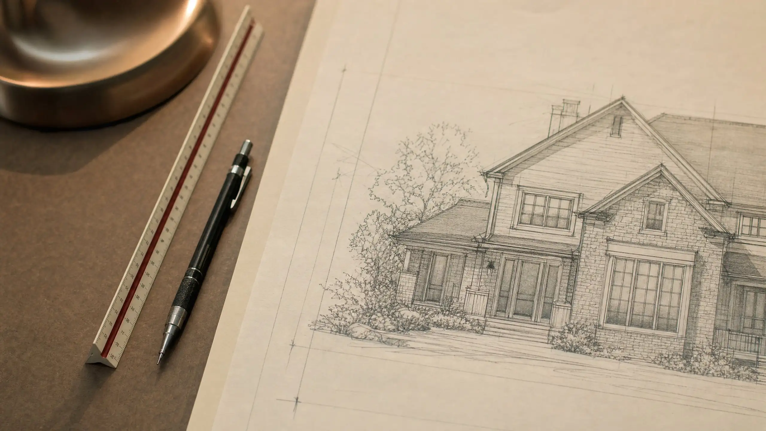 Hand-drafted exterior elevation of a house with an addition beside a scale ruler and pencil