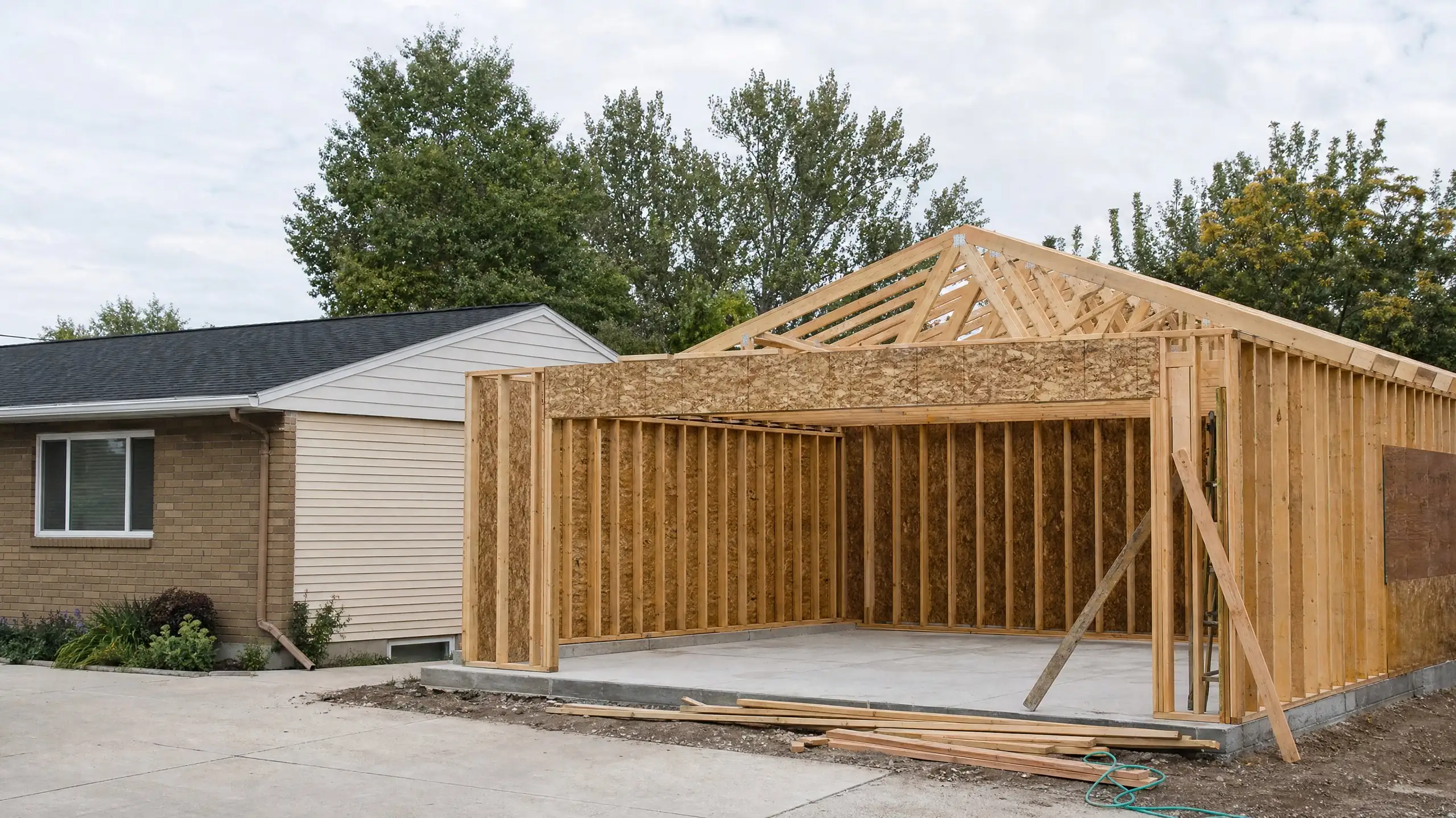 Attached garage addition framed with a large header over the wide door opening on a new slab