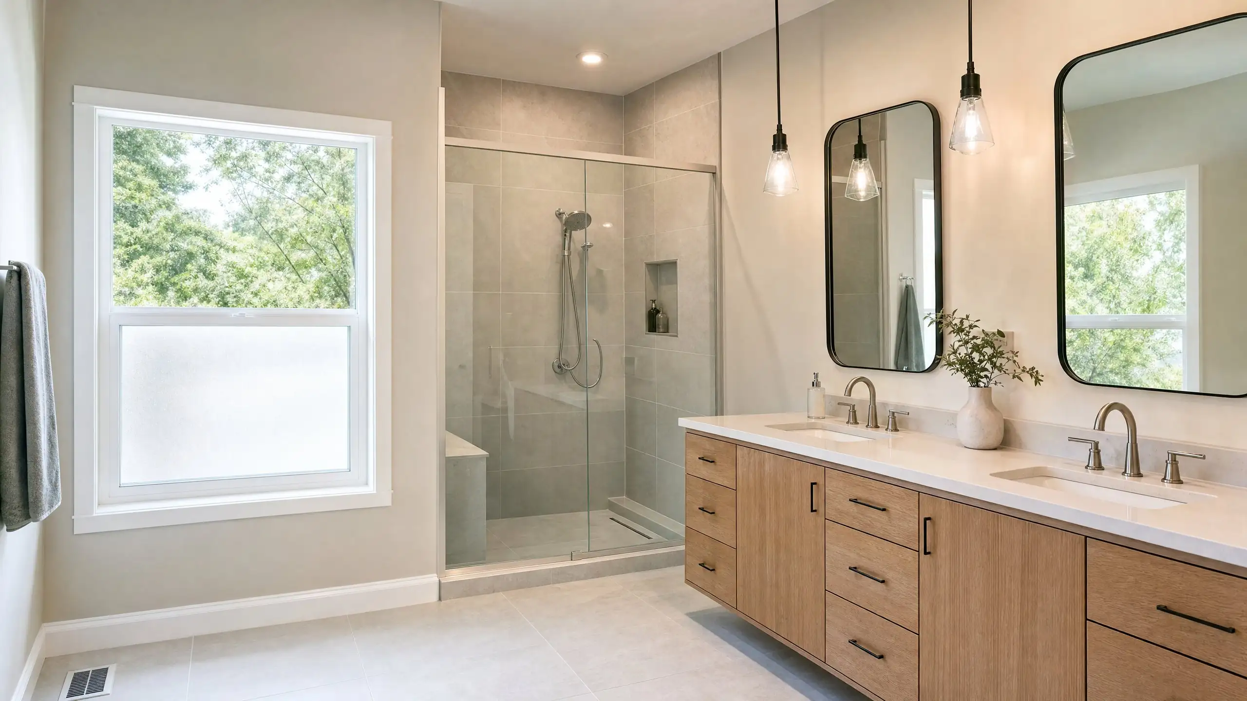 Bright bathroom addition with a walk-in tiled shower, double white oak vanity and window