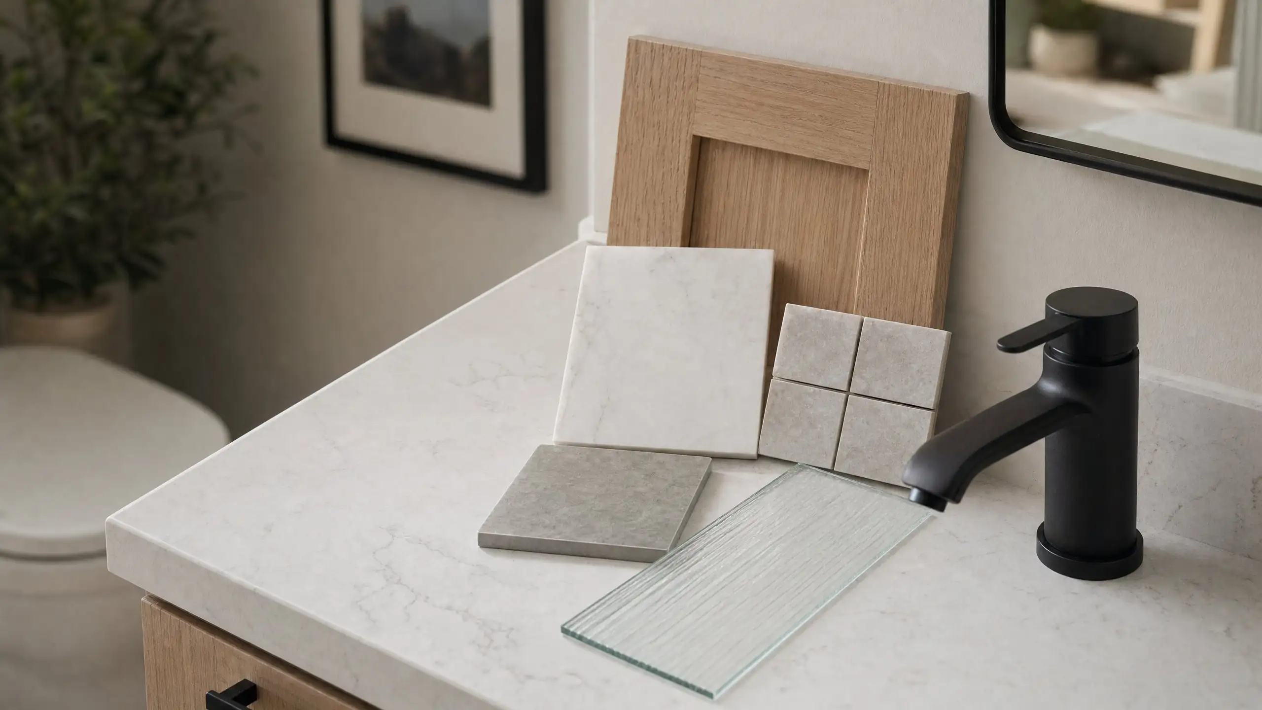 Bathroom finish samples: tile, faucet and vanity door laid out on a counter