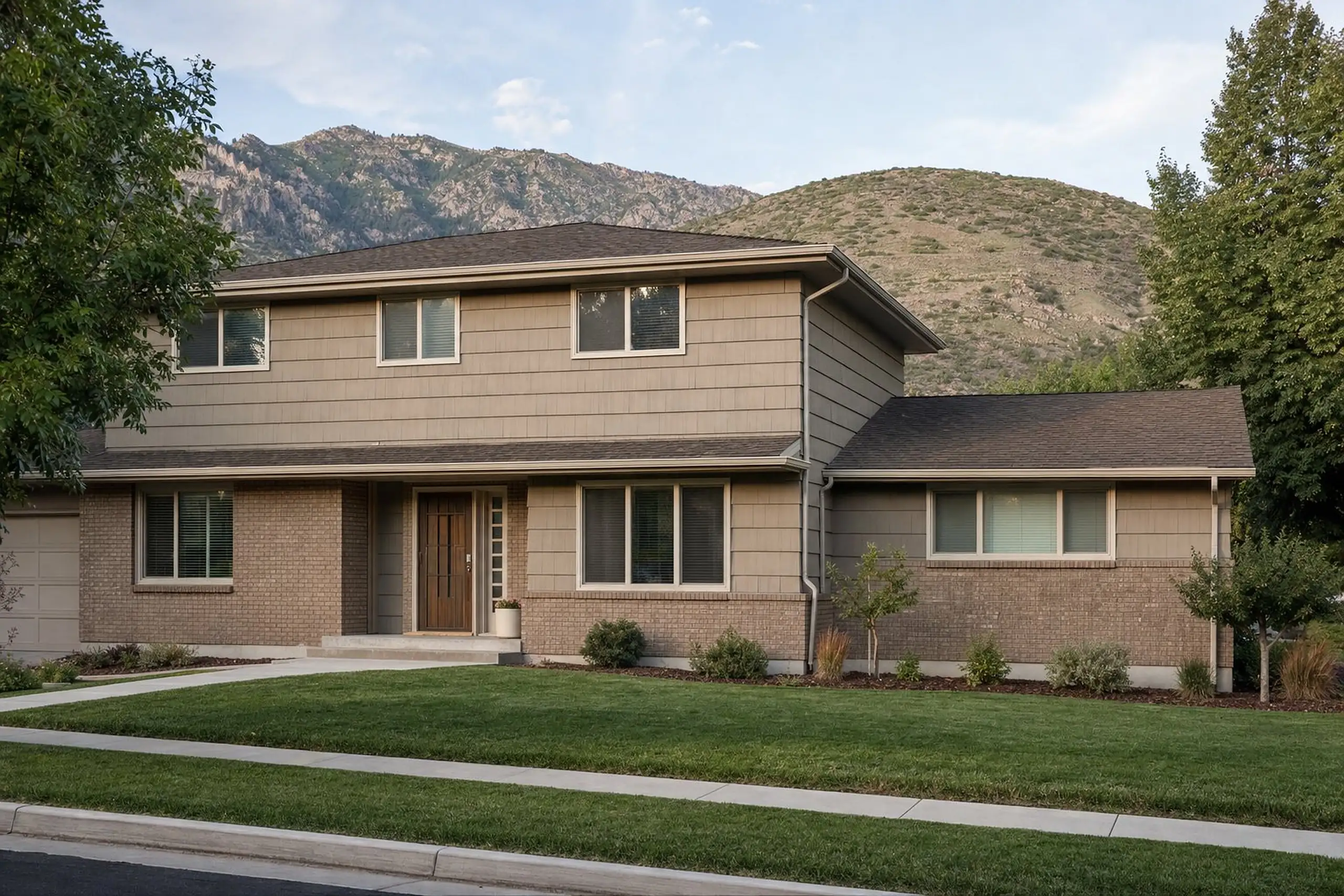 Two-story home with a matching single-story side addition on a quiet street below the Wasatch foothills