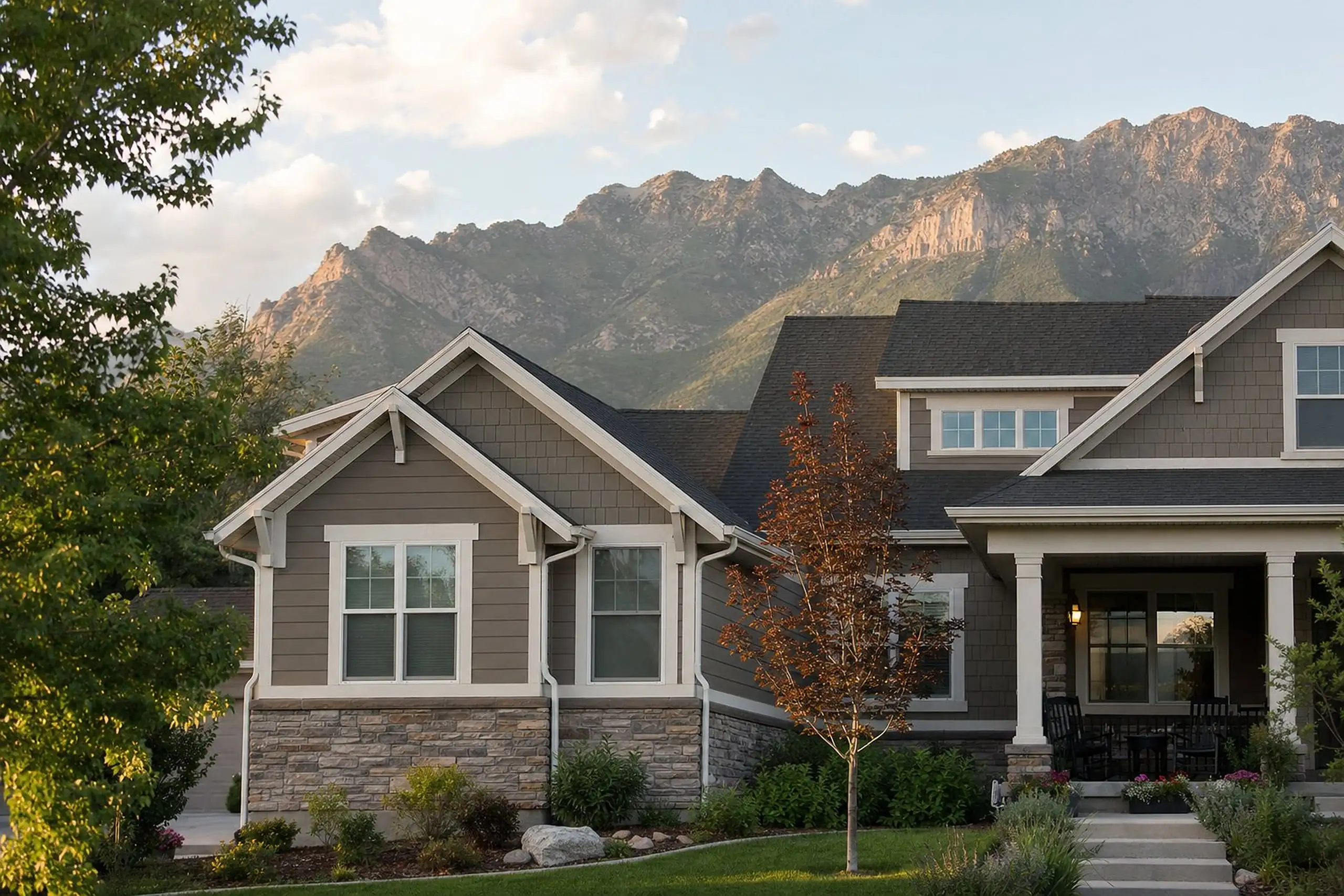 Craftsman style home with a gabled side addition in matching siding, stone base and trim, mountains behind