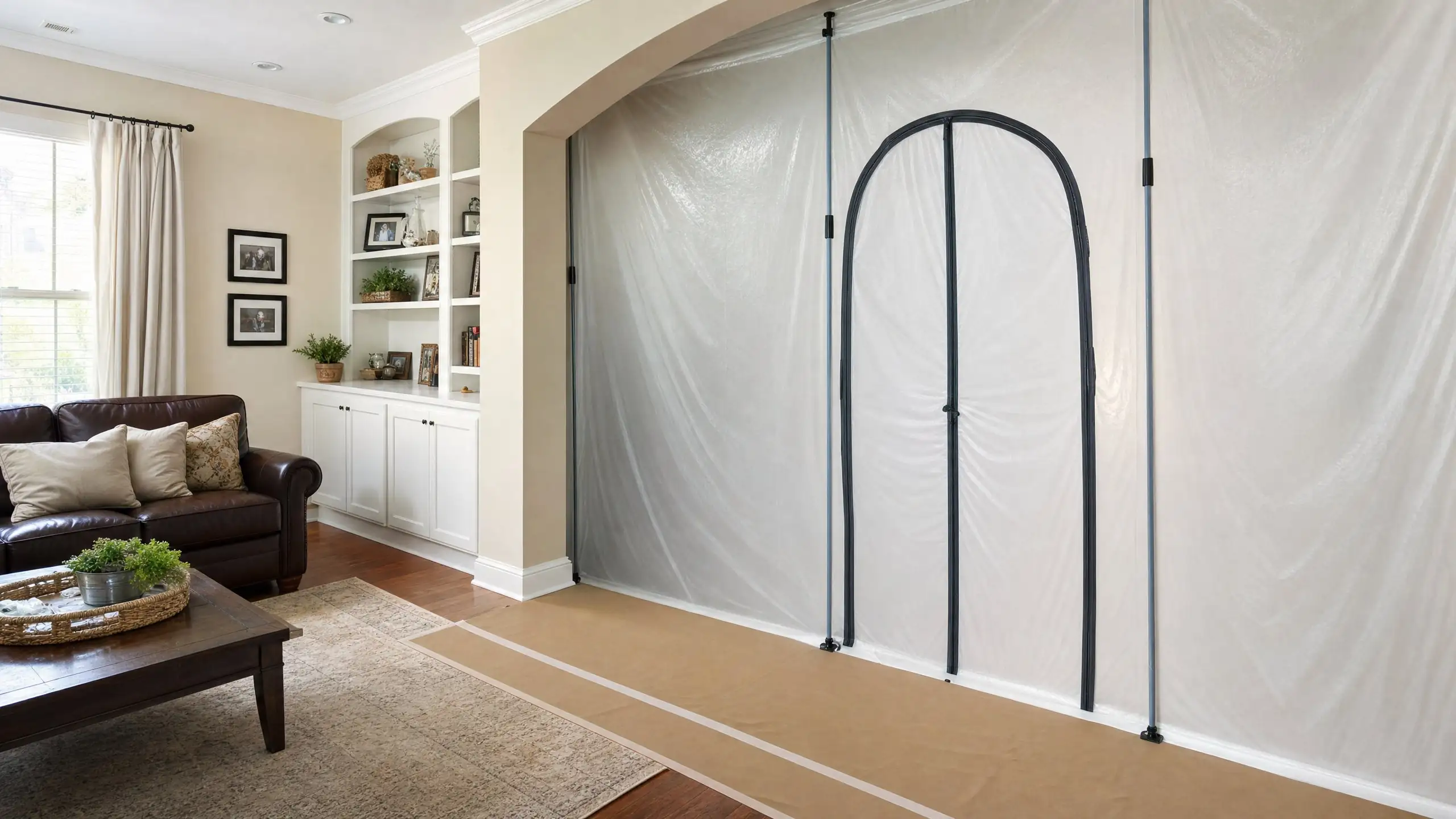 Plastic dust barrier with a zipper door separating a construction area from a tidy living room