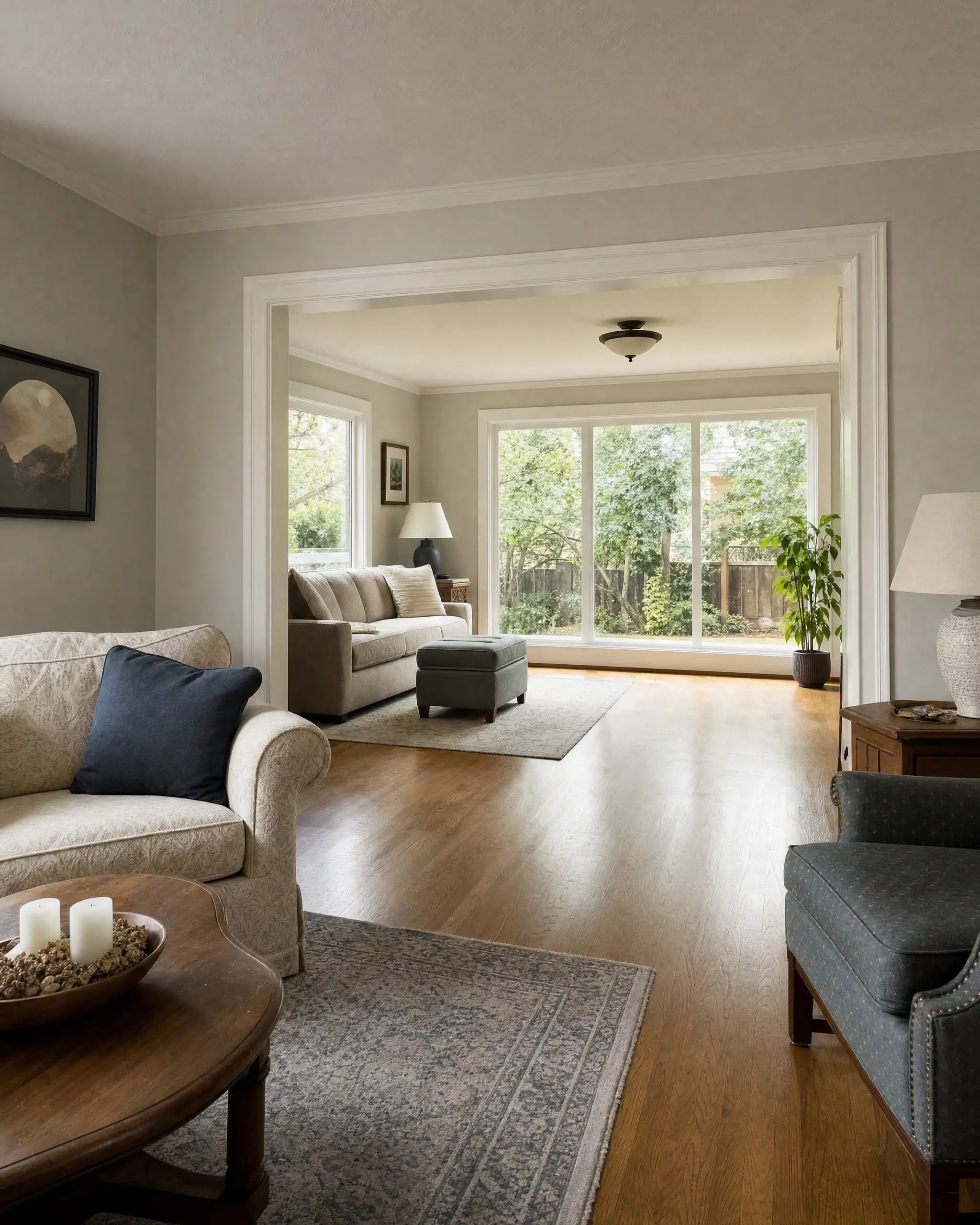 Living room opening through a wide cased opening into a family room addition with the same oak flooring, trim and ceiling height