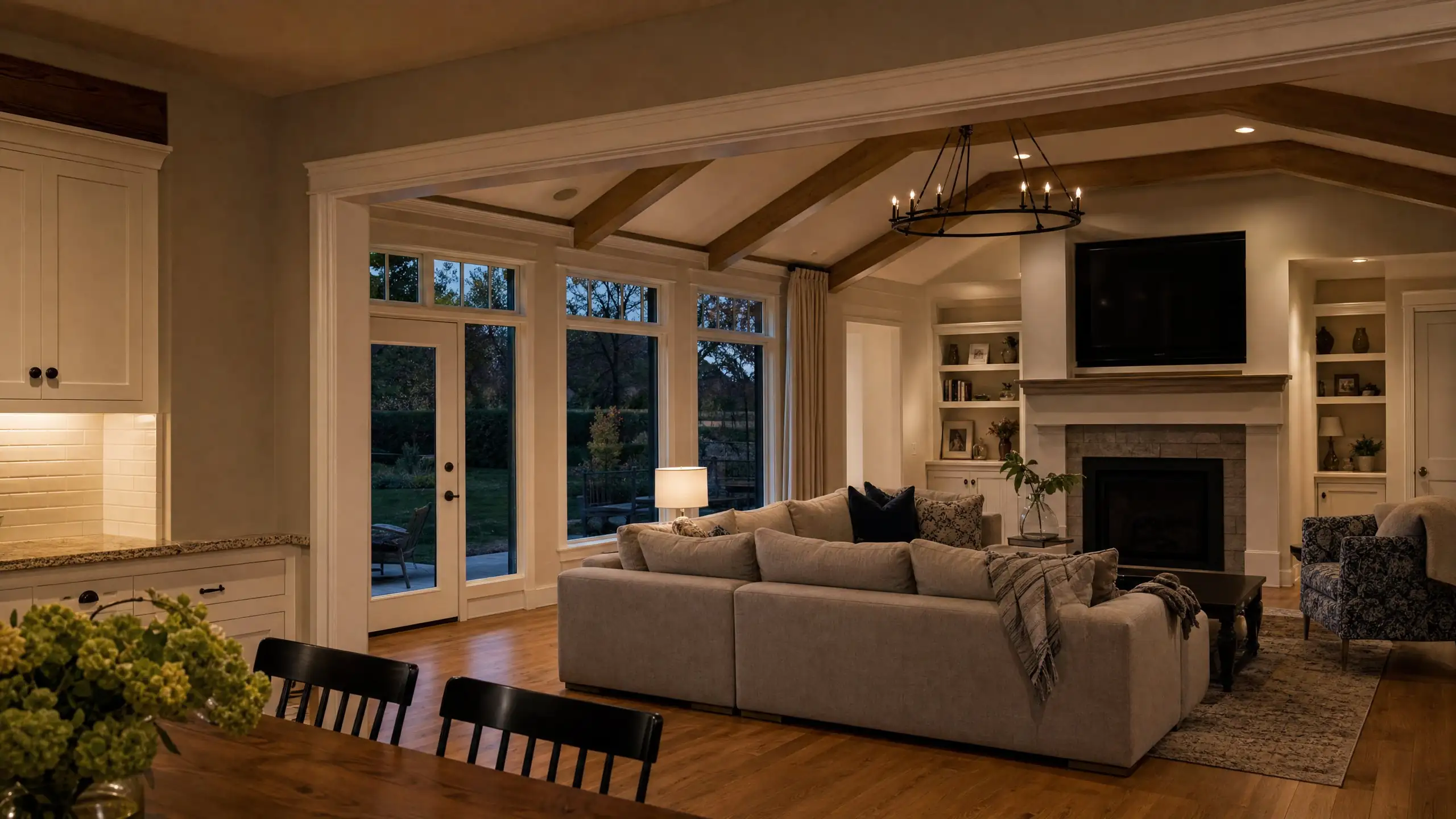 Family room addition opening from the kitchen through a wide cased opening, with large windows and matching floors