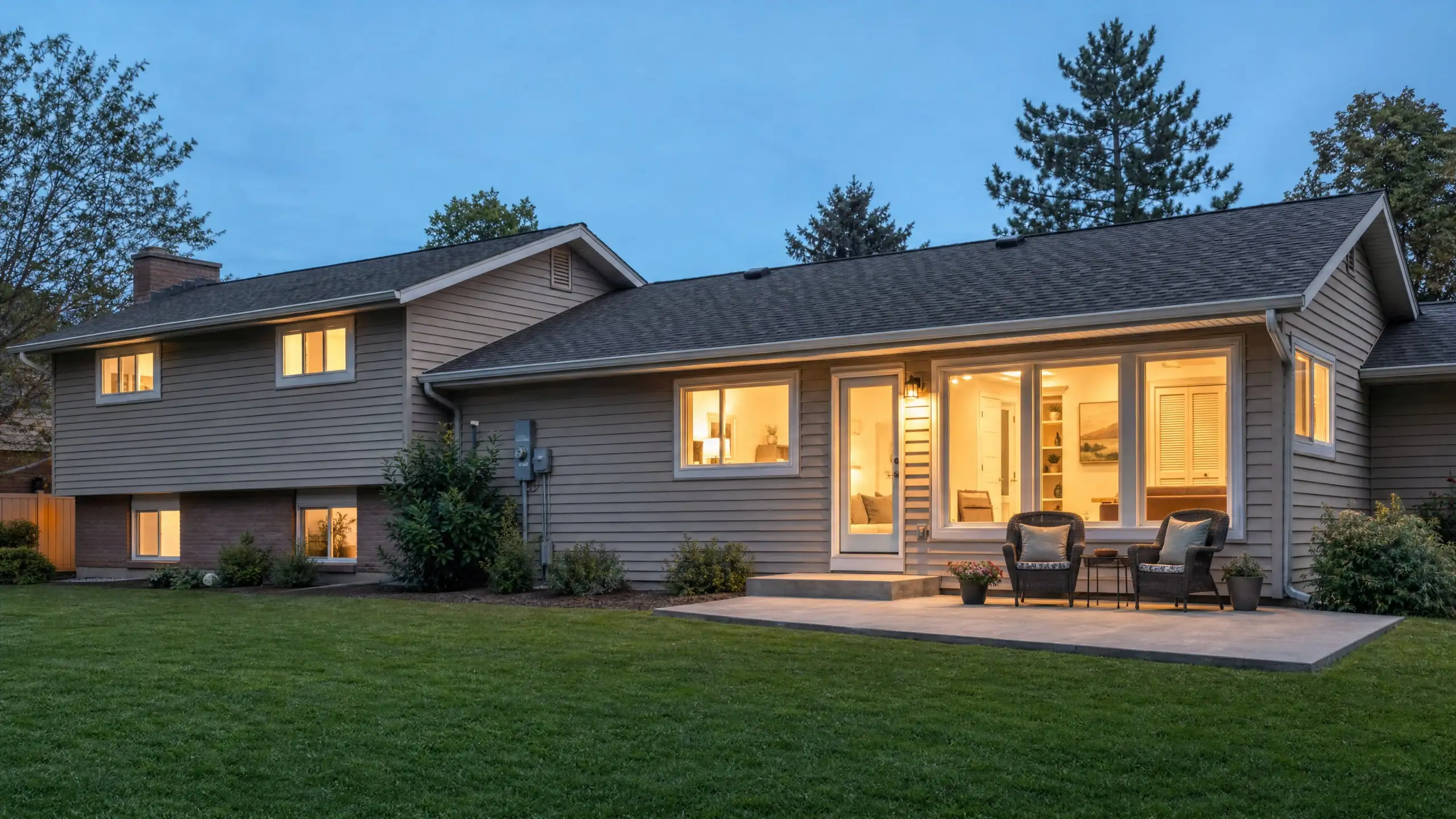 Finished rear room addition on a split-level home at dusk with warm light in large windows