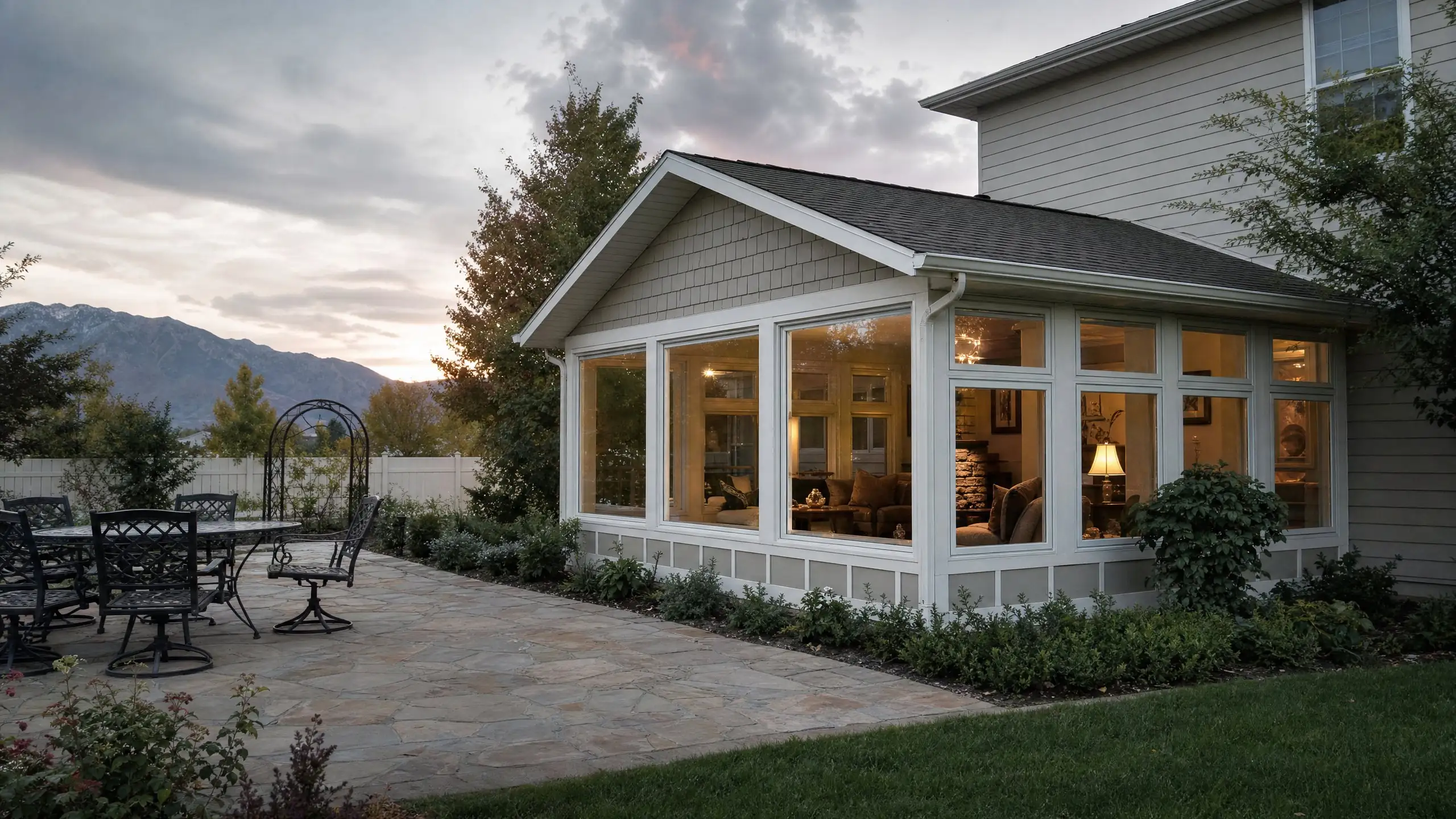 Four-season sunroom addition with a solid gable roof and tall windows, lit at dusk