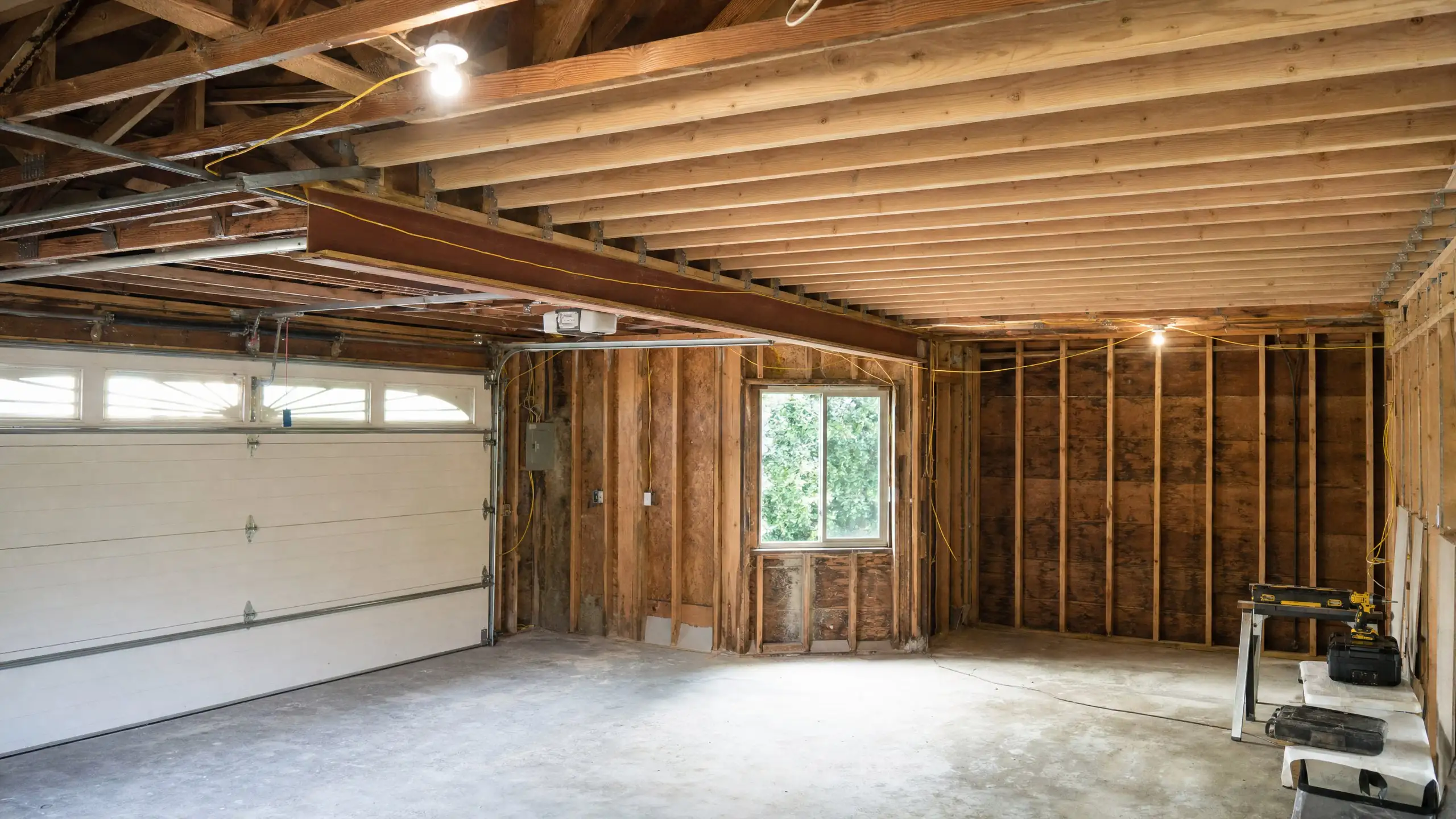 Garage with its ceiling opened and new floor joists installed overhead for a room above