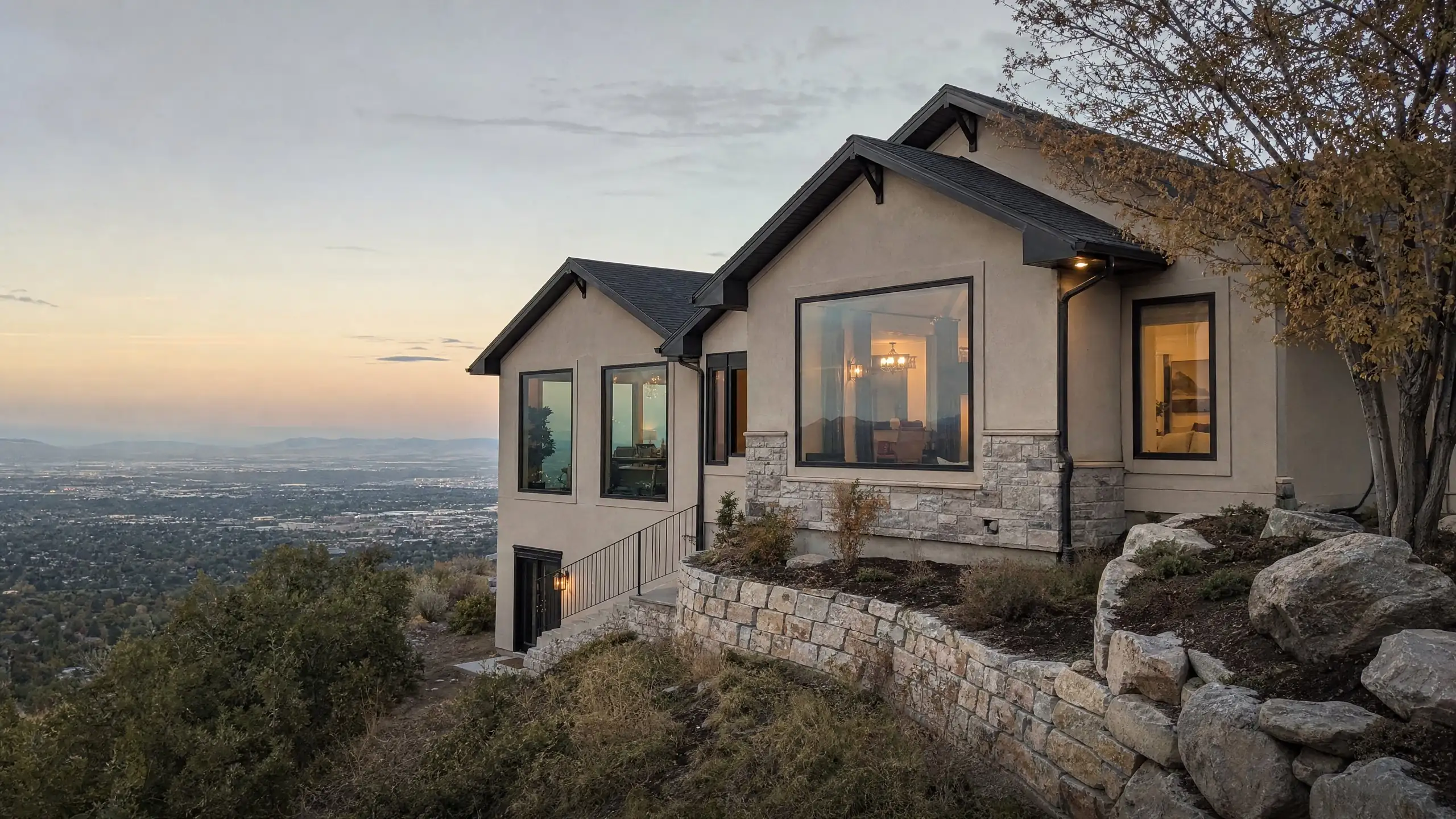 Hillside home with an addition stepped down the slope on a stone retaining wall, facing a valley view