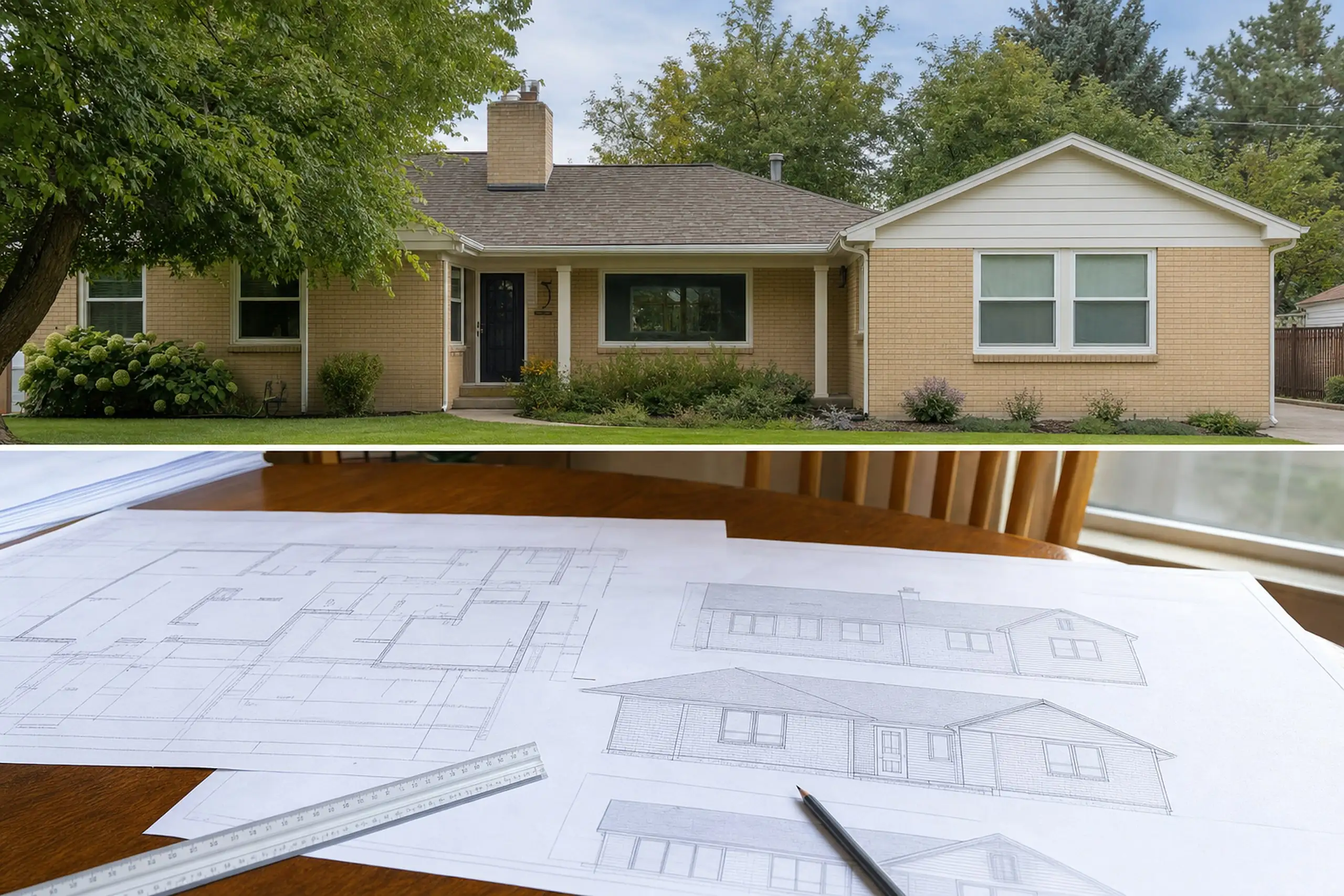 Floor plans and exterior elevations for a home addition spread across a table with a ruler and pencil