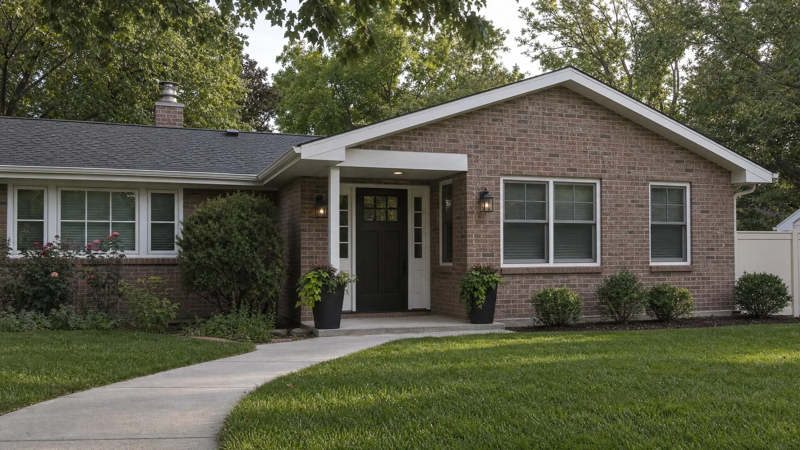 Single-story in-law suite addition with its own covered, step-free entry and matching brick