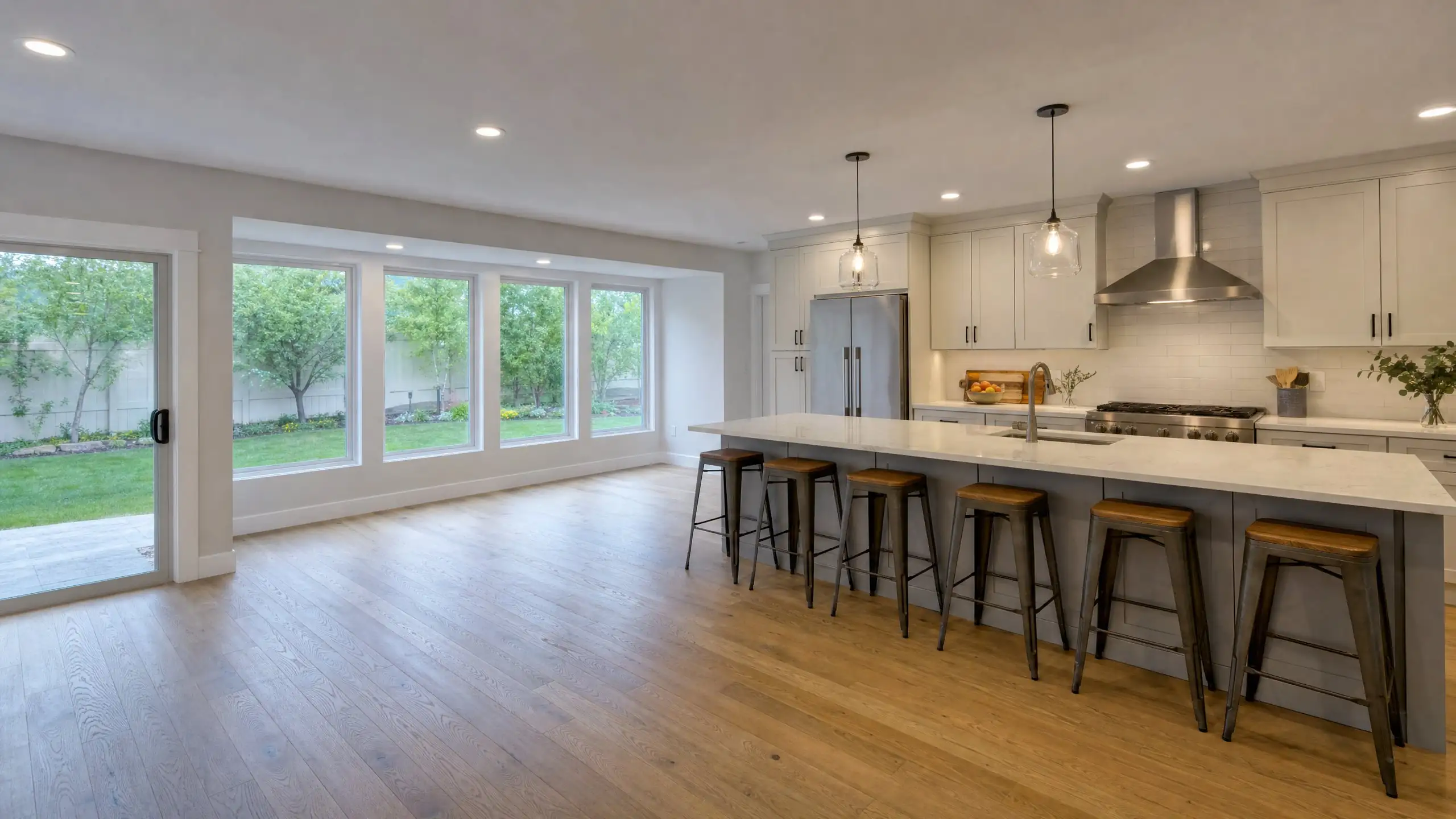 Kitchen expanded into an addition with a long island, painted cabinets and windows to the backyard