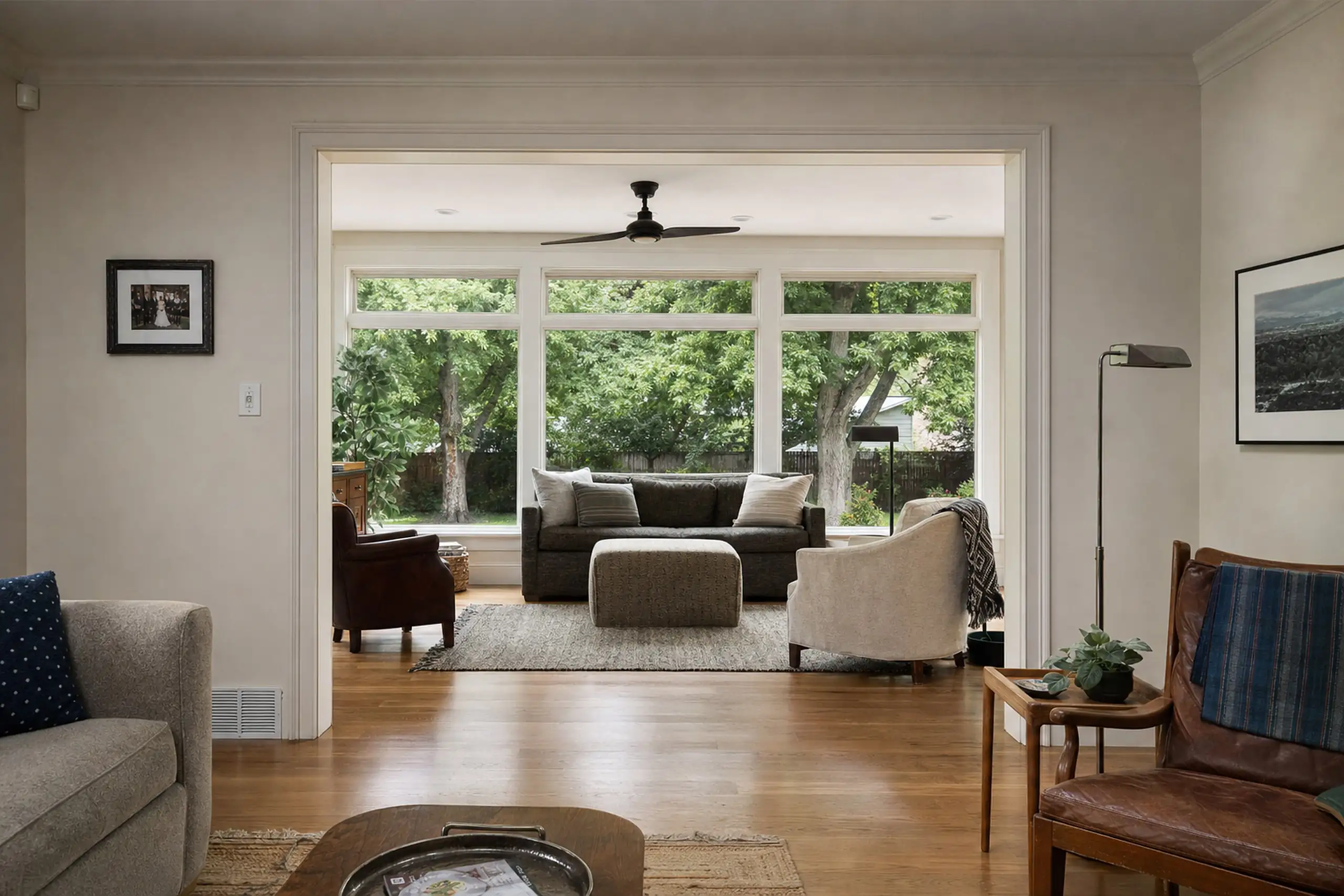 Living room opening into a bright family room addition with large windows, matching wood floors and trim