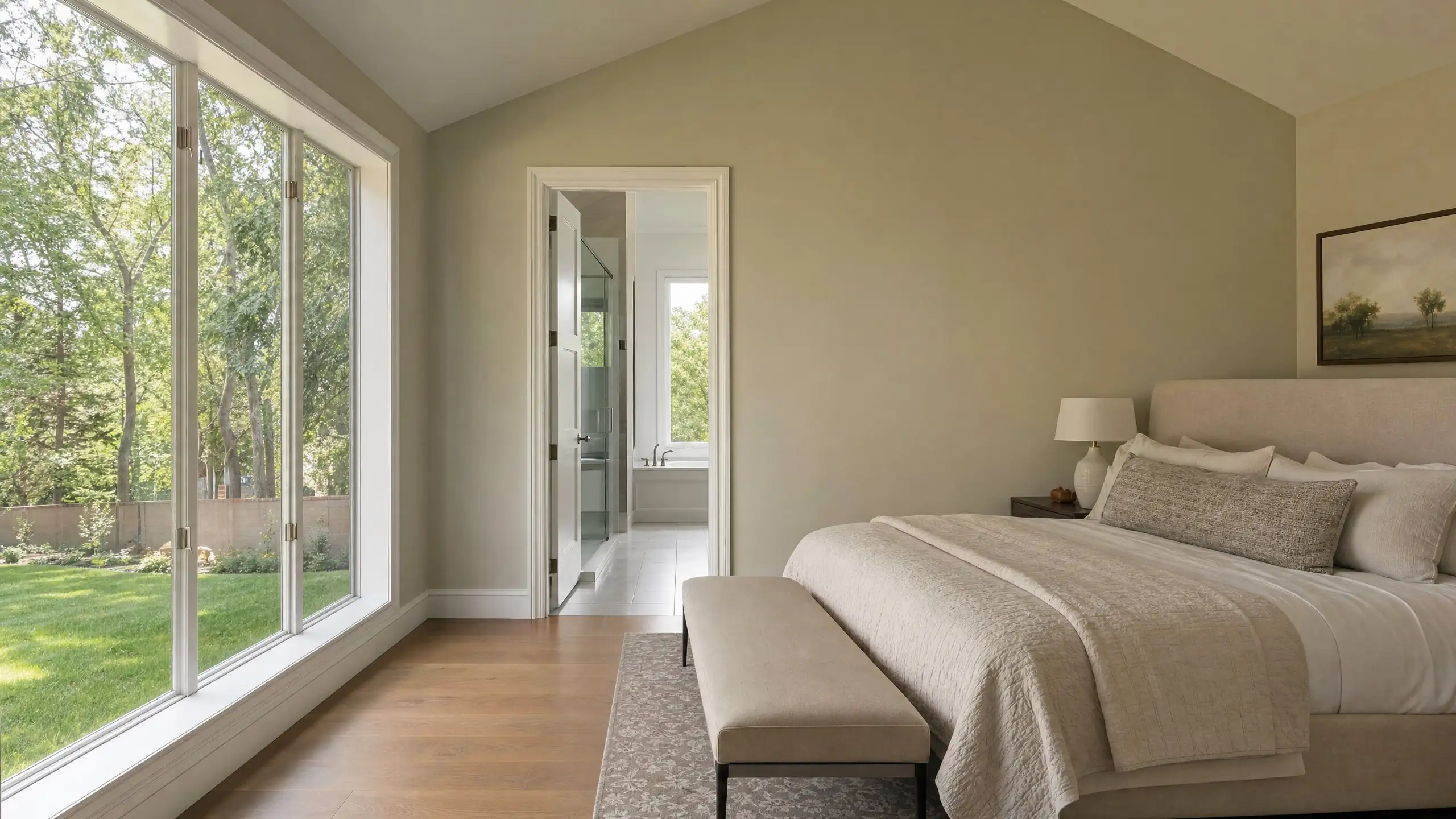 Main-floor primary bedroom addition with a vaulted ceiling, oak floors and large windows to the backyard