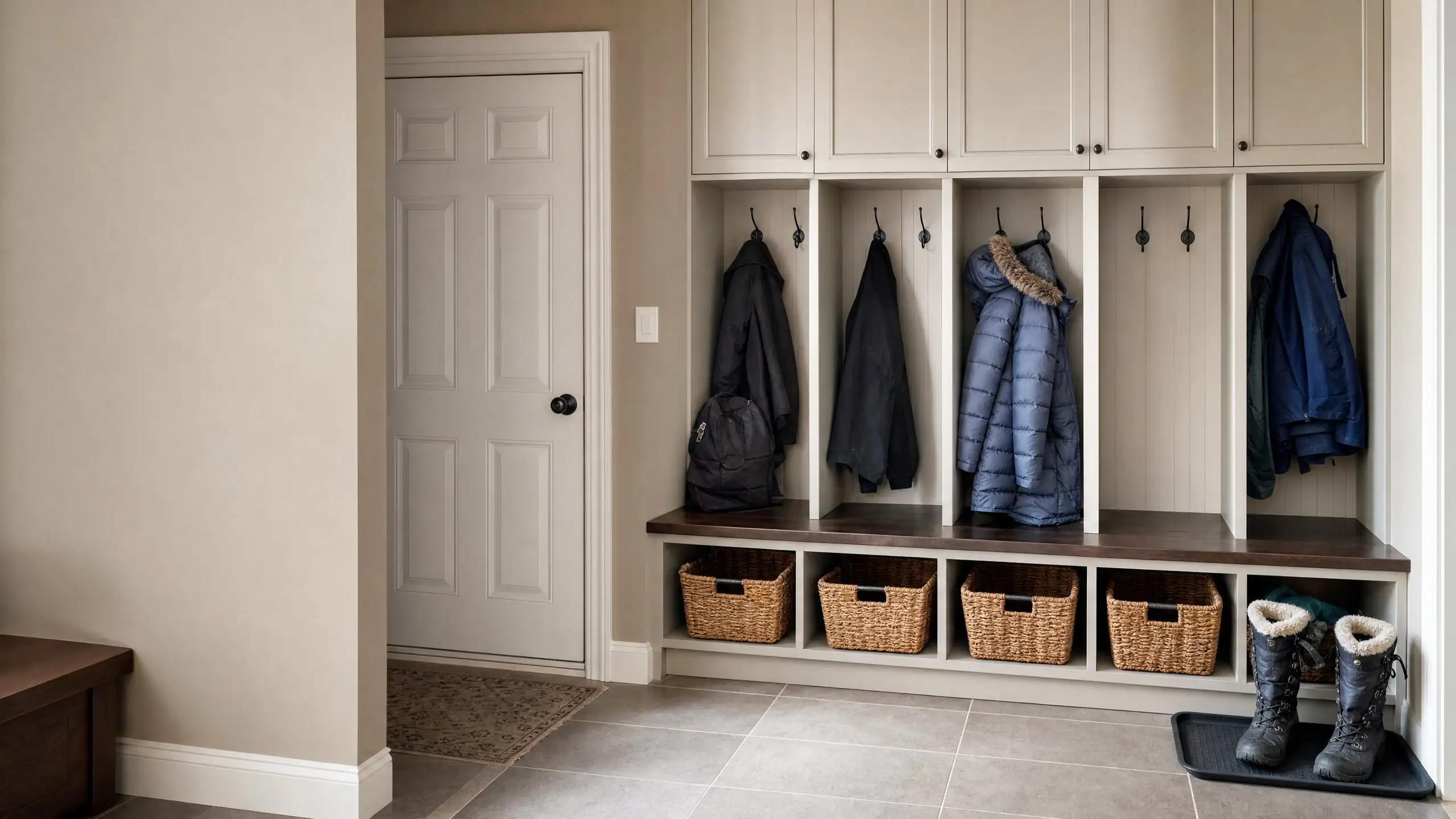 Mudroom addition with painted lockers, a built-in bench, tile floor and snow boots on a boot tray
