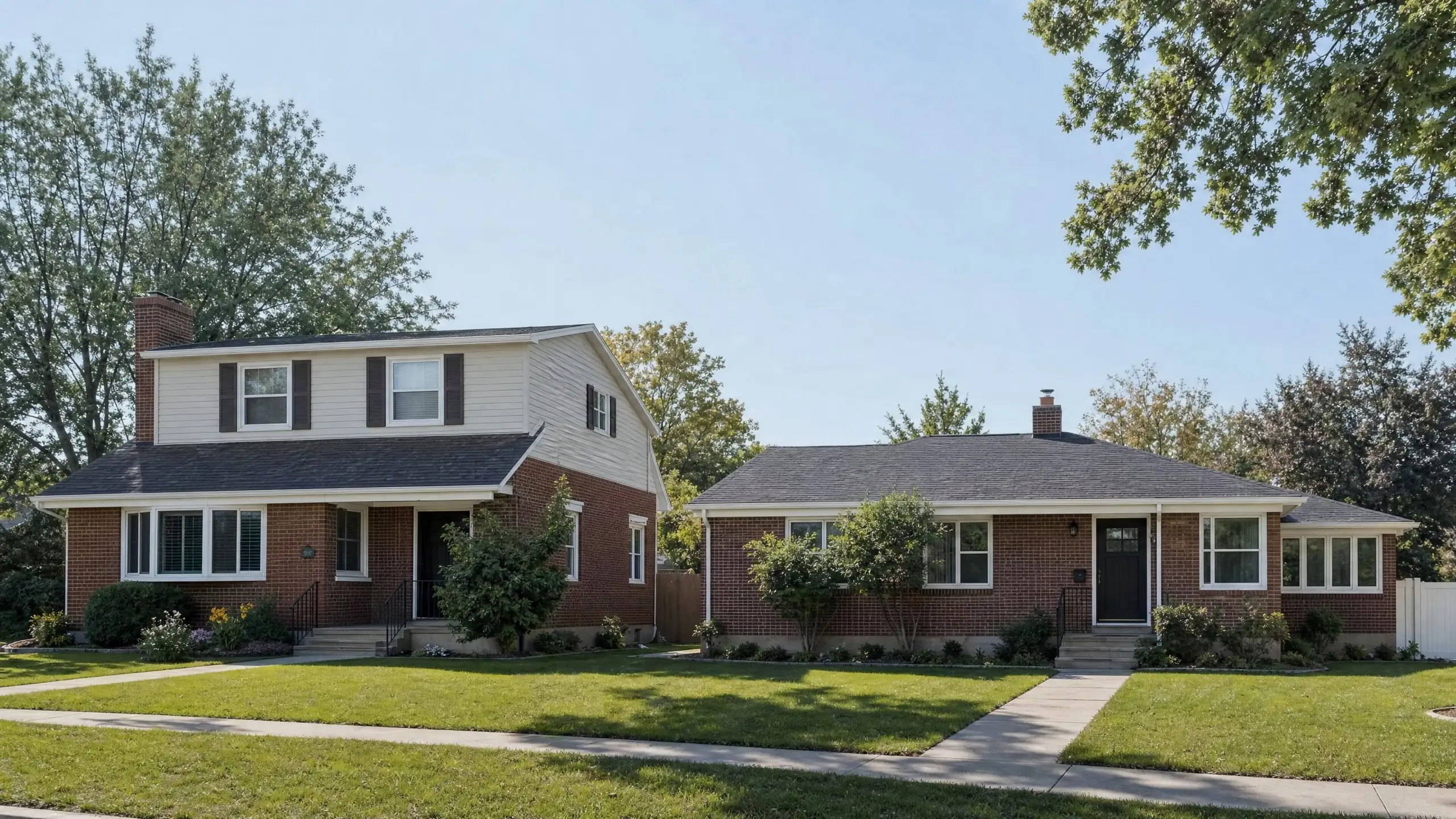 Two neighboring ramblers, one with a second story added and one with a single-story addition