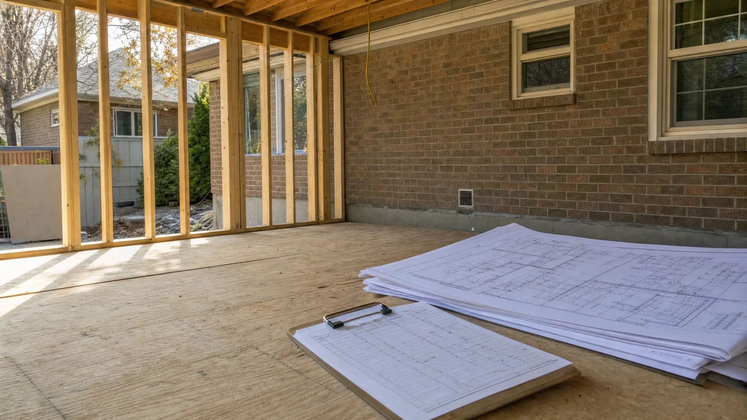Permit drawings and a clipboard on the plywood subfloor of a framed home addition
