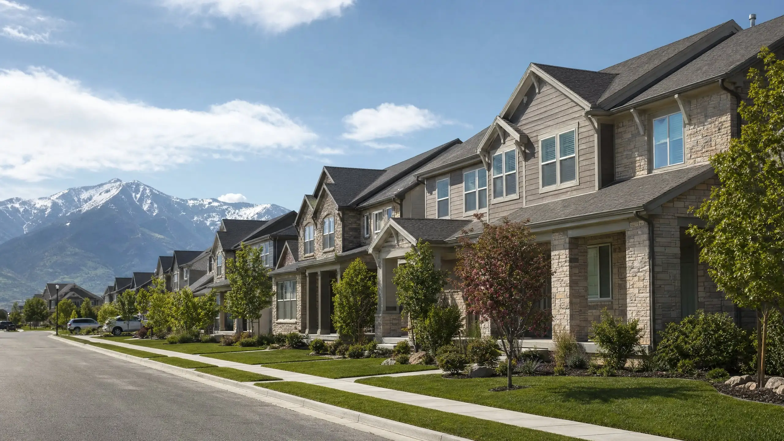 Row of similar homes in a planned community, one with a side addition in the same materials