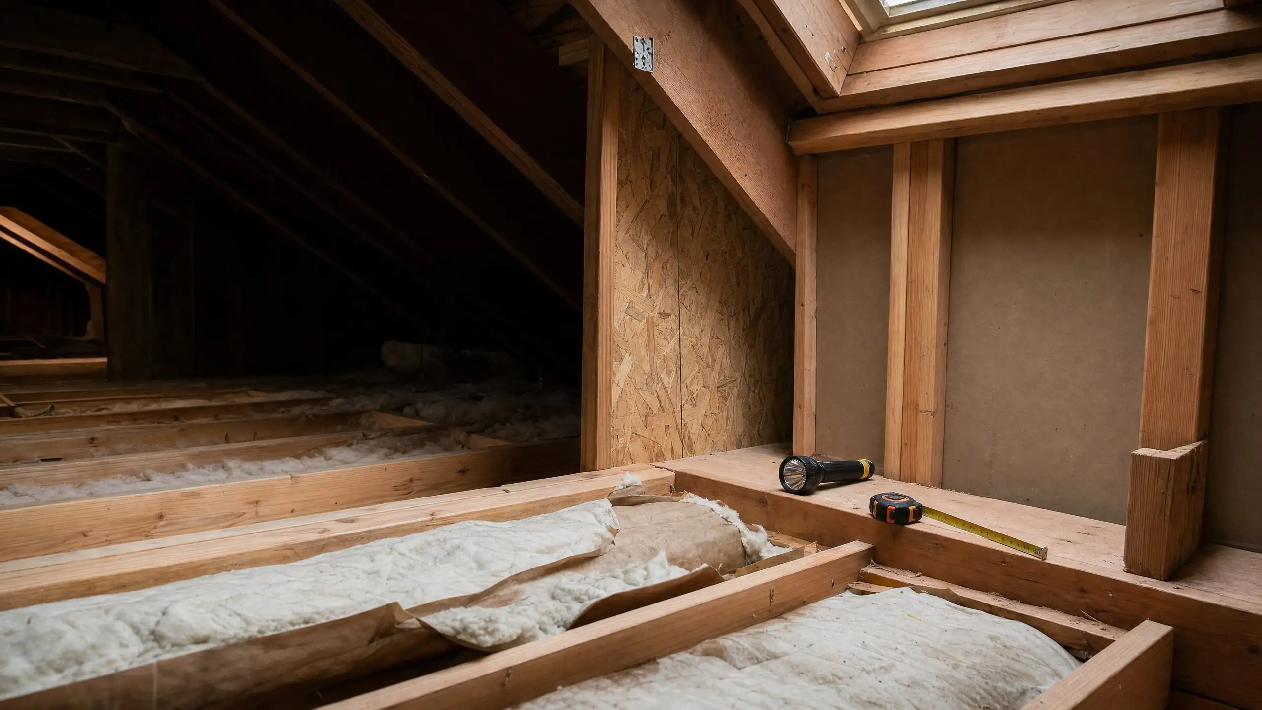 Attic of a single-story house with exposed ceiling joists being inspected