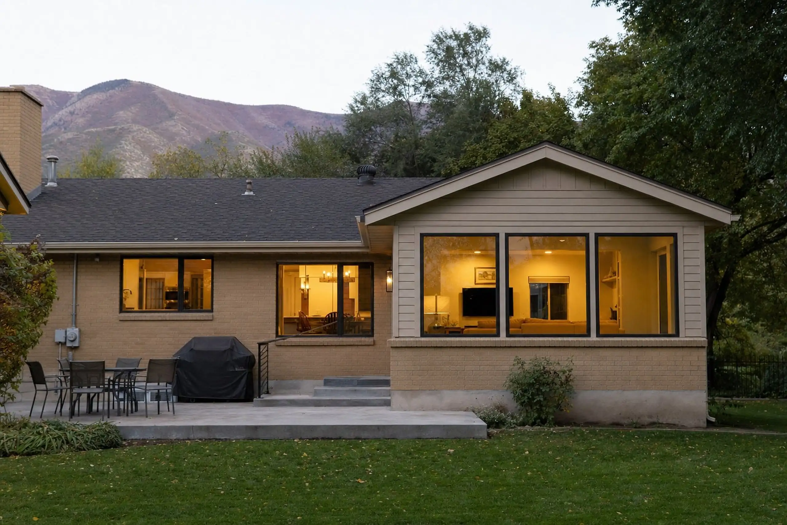 Back of a brick rambler with a family room addition in matching brick and siding, windows lit at dusk