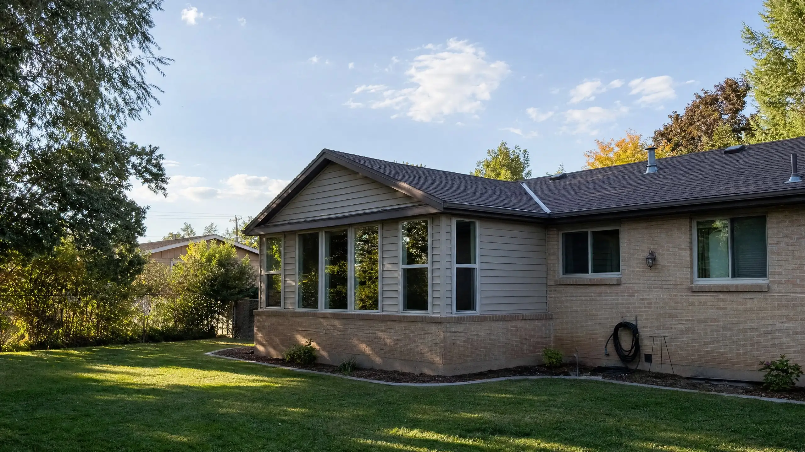Brick rambler seen from the backyard with a single-story room addition whose gable roof matches the original house