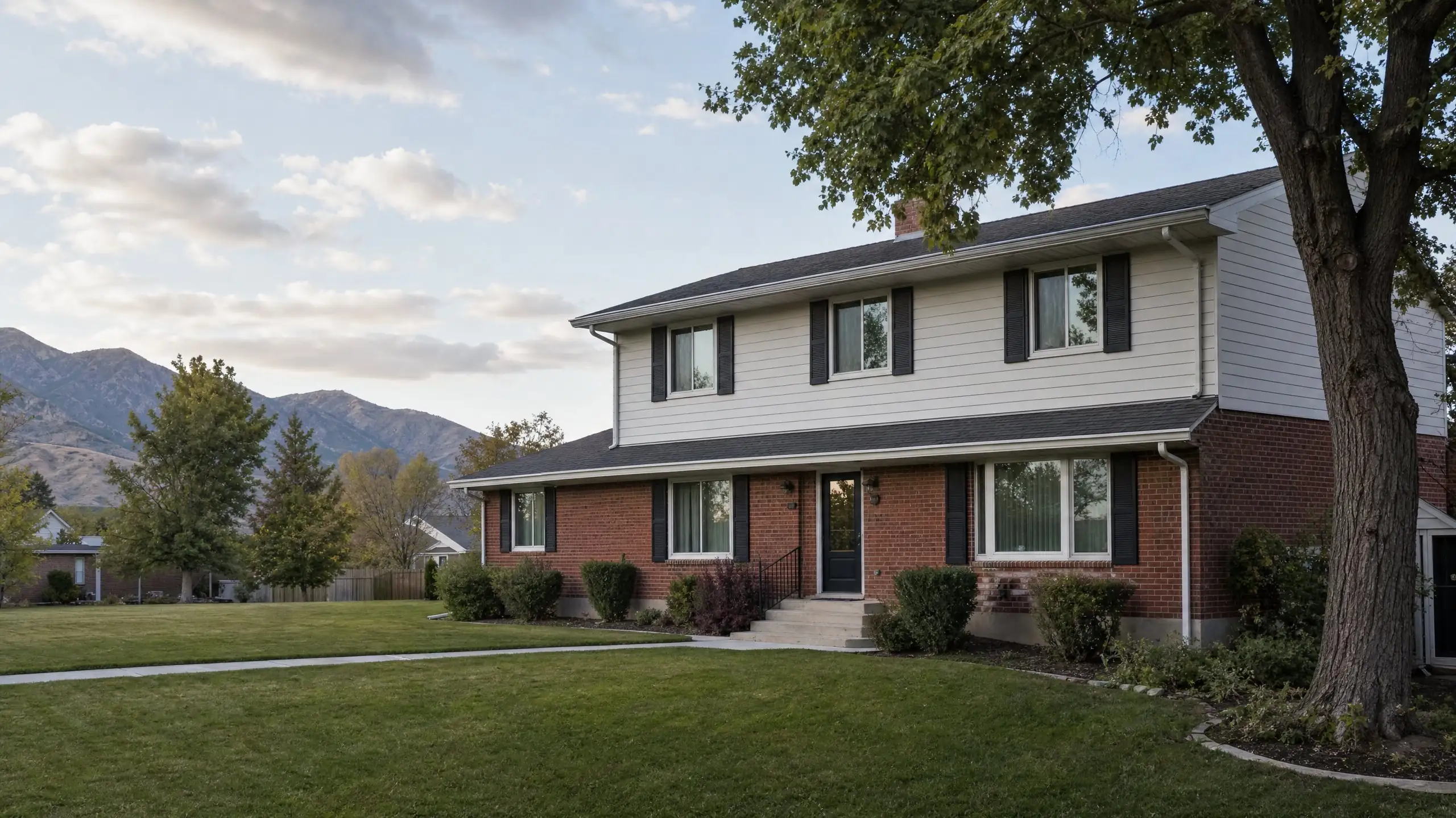 Brick rambler with a full second story added in light lap siding, windows aligned above the originals, foothills behind