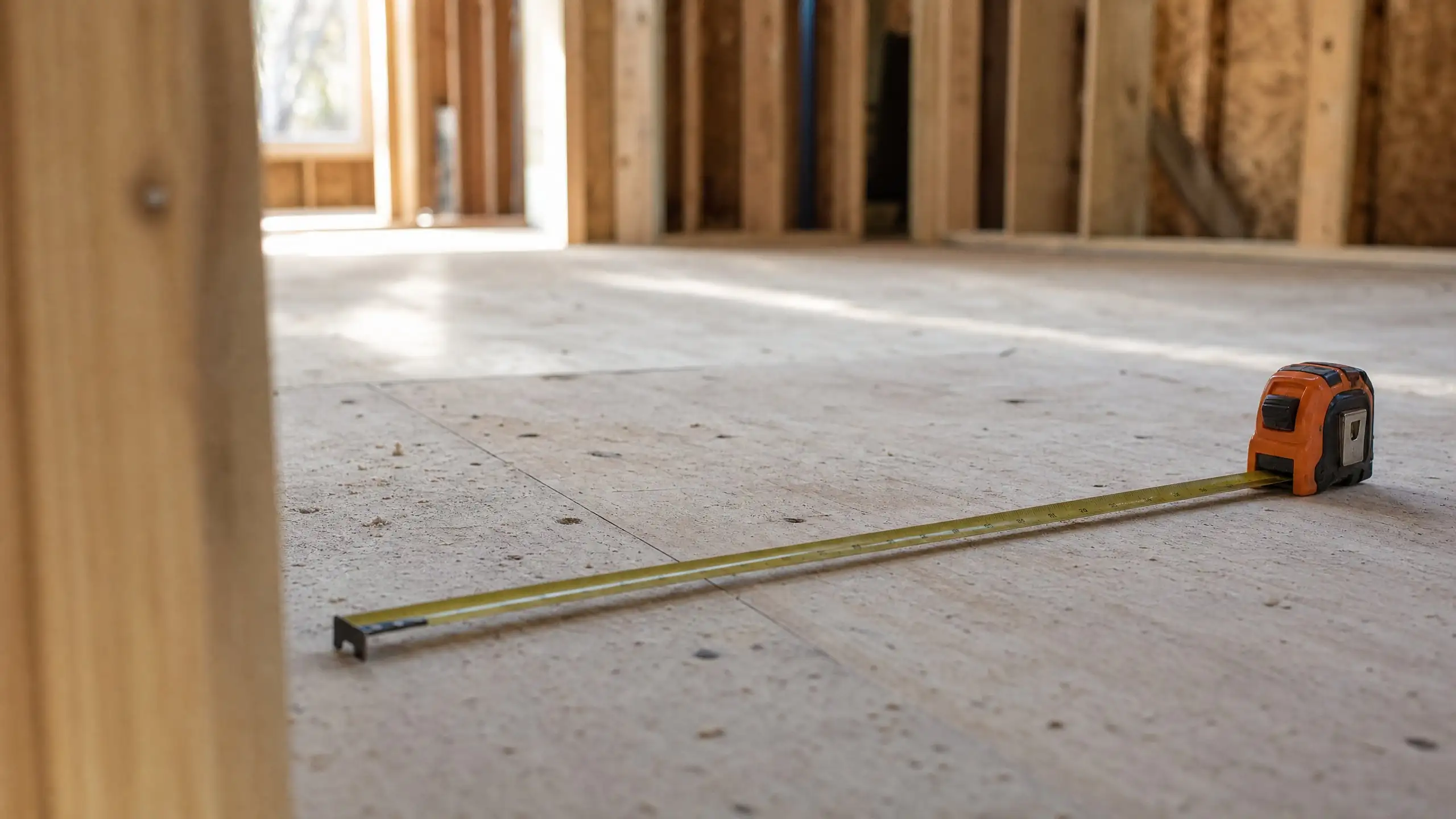 Tape measure extended across the plywood subfloor of a framed home addition